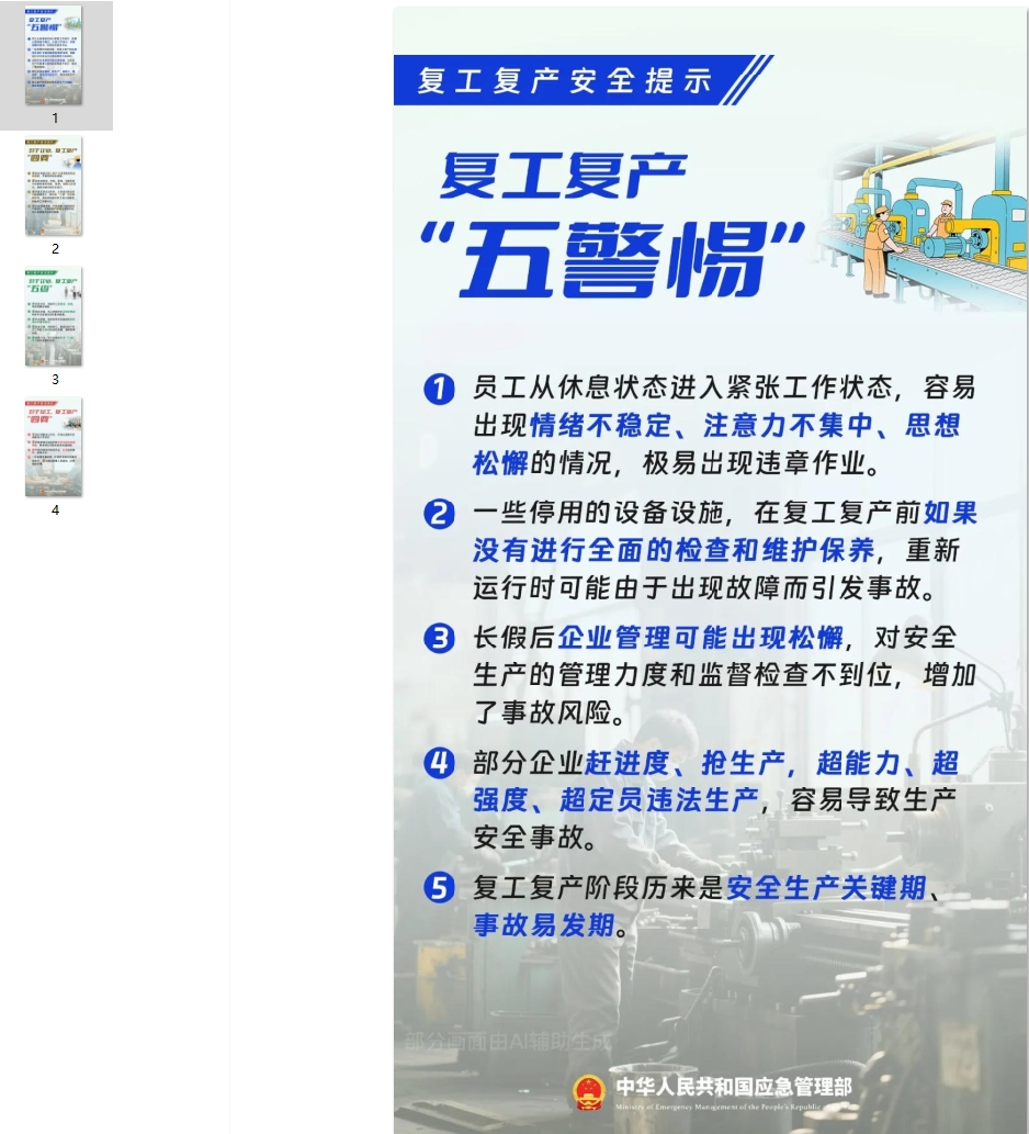生产经营单位节后复工复产安全提示